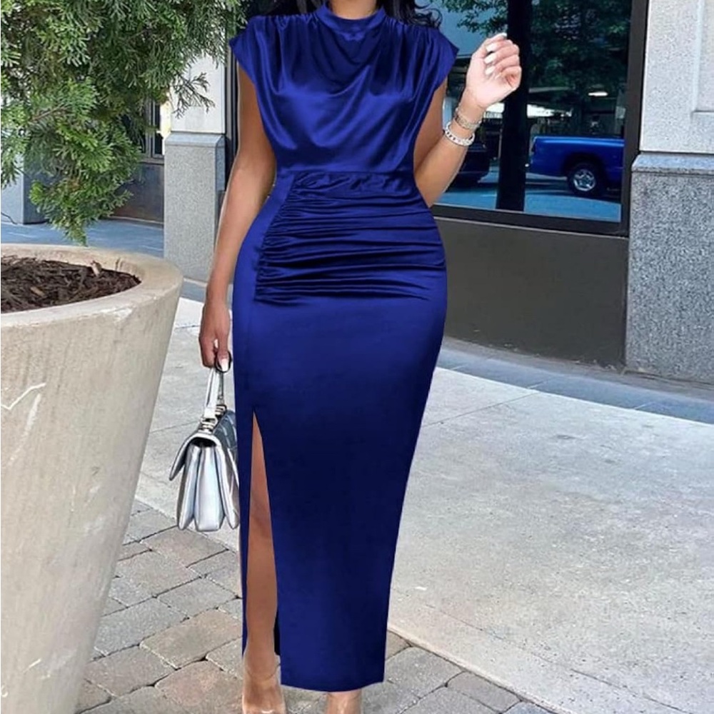 Chic Royal Blue Satin Gown with Slit